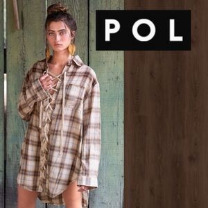 POL Beige and Brown Plaid Lace-Up Button Down Shirt